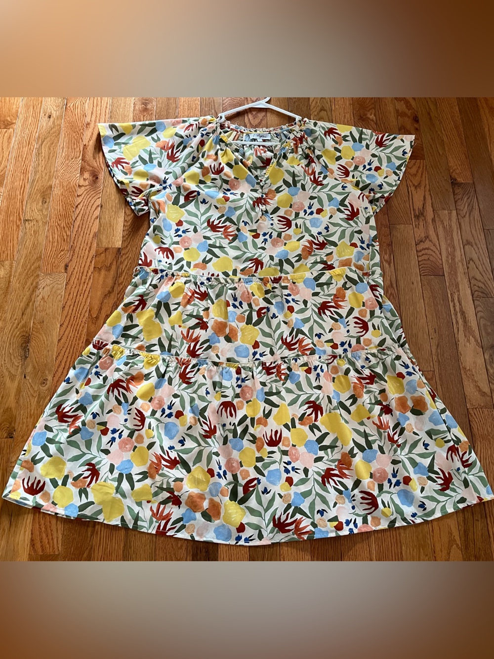 Polagram Colorful Floral A-Line Tiered Cotton Dress fits L or XL Flutter Slv NEW